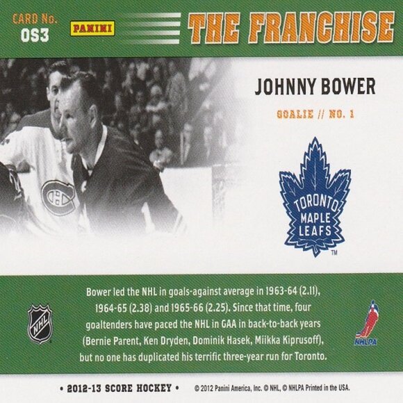 Johnny Bower - 2012/2013 Score Hockey Card - Card Number OS3 - Picture 2 of 2